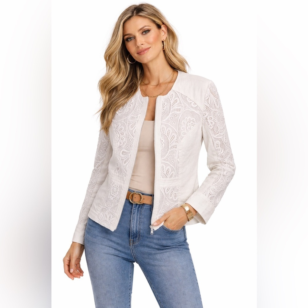 INC International Concepts Womens Boho Cotton Linen Zip Front Jacket 2X White